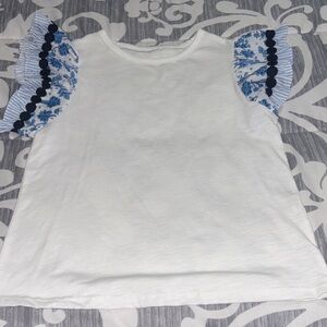 White Top with Blue Floral Ruffle Sleeves